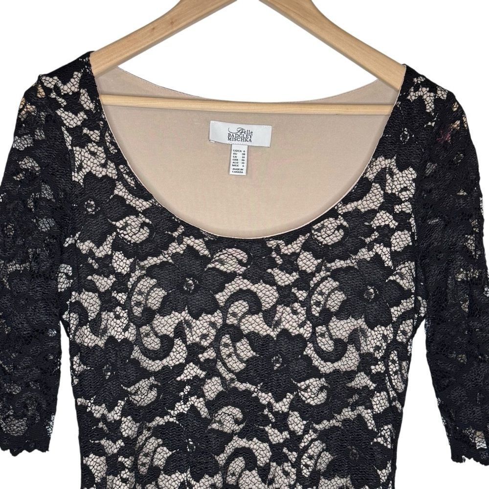 Belle Badgley Mischka Women's Cocktail Dress Black Lace 3/4 Sleeve Sheath Sz 6
